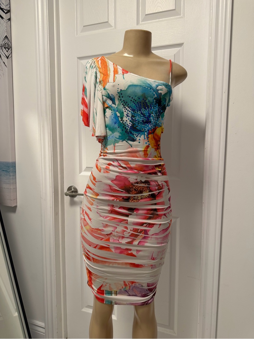 UK2LA White One-Shoulder Floral Ruched Bodycon Dress